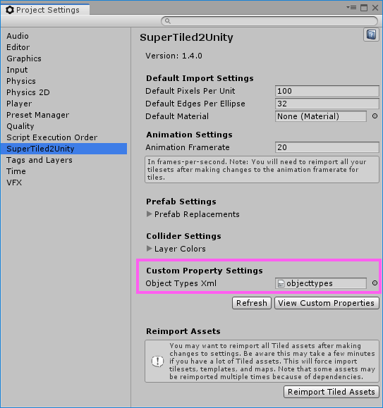 SuperTiled2Unity Project Settings